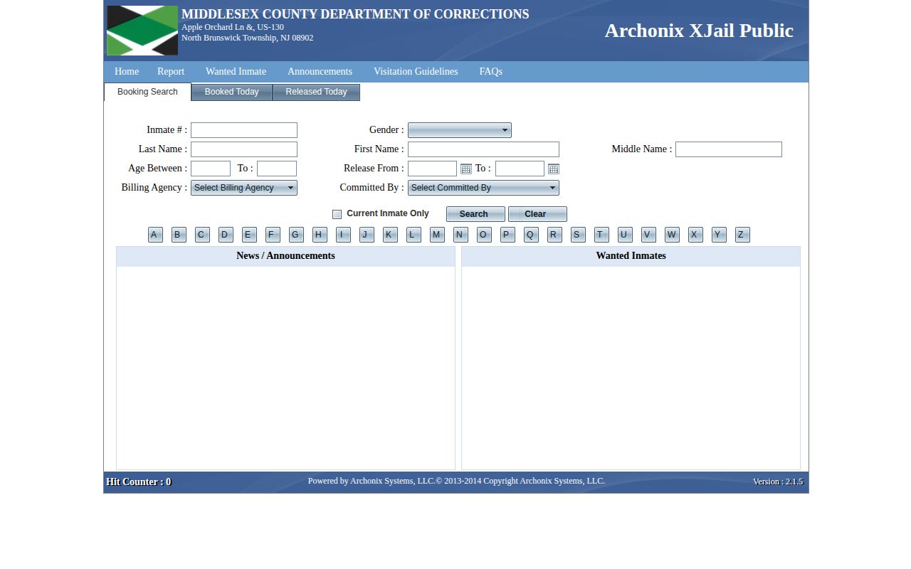 Middlesex County Adult Correction Center release search in Archonix