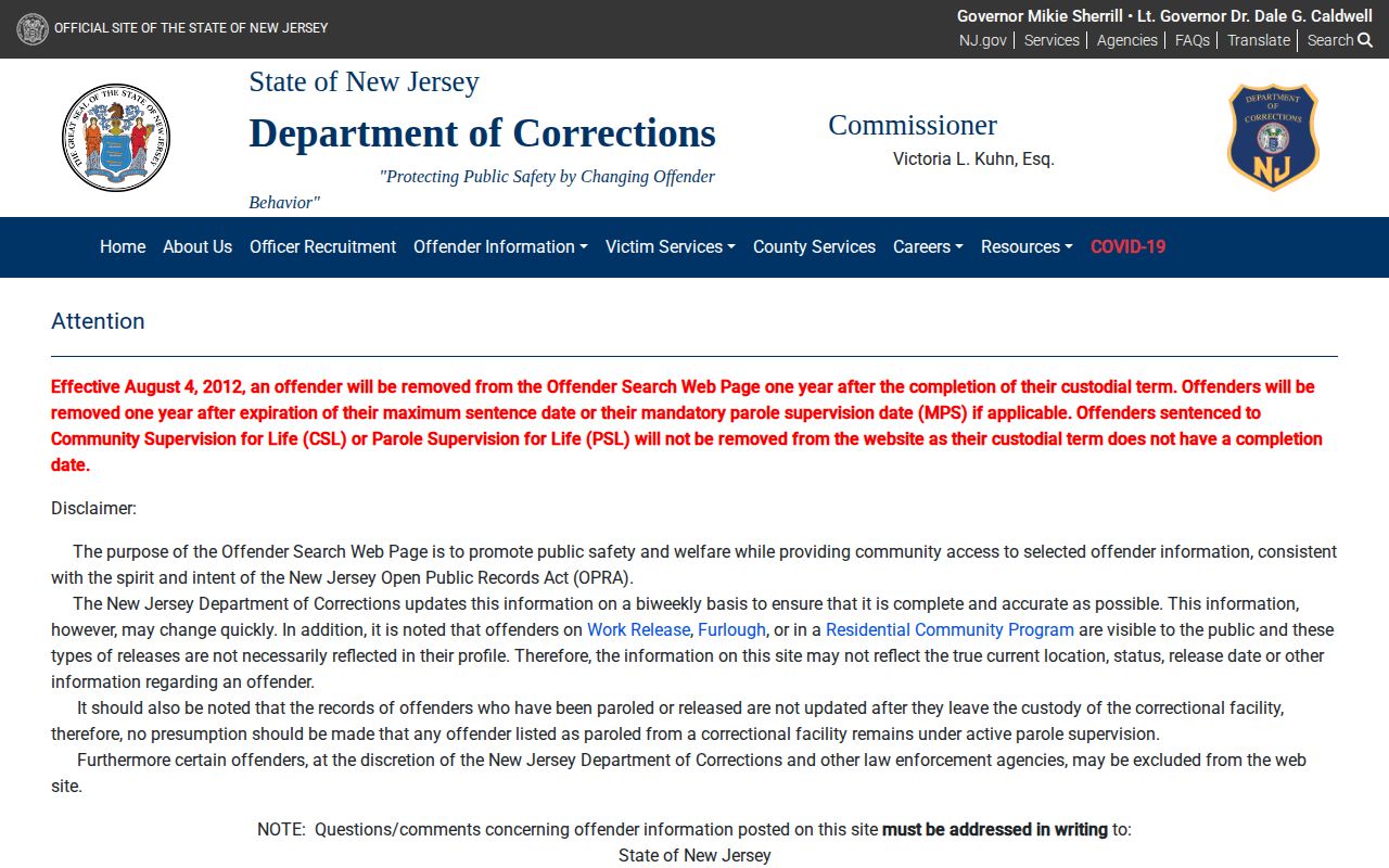 Middlesex County NJDOC released inmate search fields